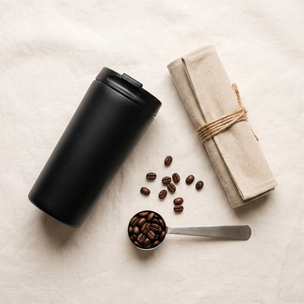 Compact travel coffee kit with an insulated tumbler, canvas roll and a scoop of beans