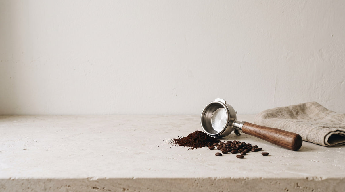 Coffee beans, ground coffee and a bottomless portafilter on a stone kitchen counter