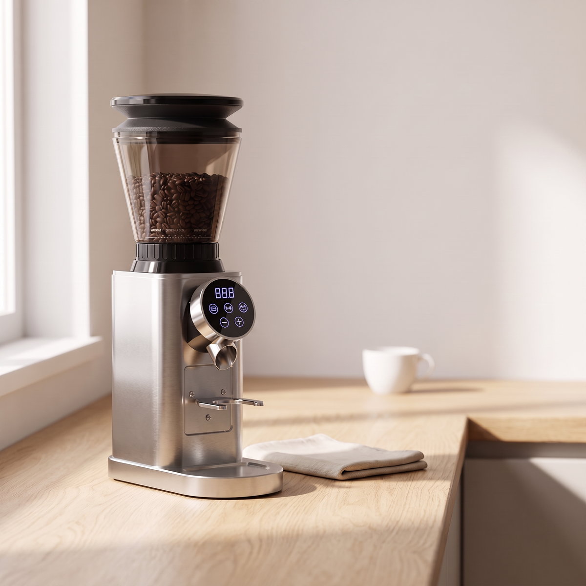 BioloMix CG210 coffee grinder on a wooden counter beside a cup