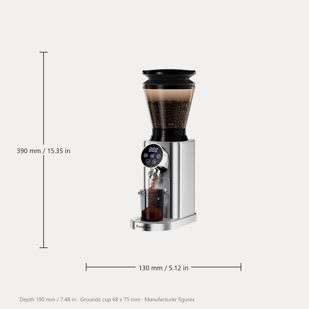 BioloMix CG210 coffee grinder dimensions, 390 mm high by 130 mm wide