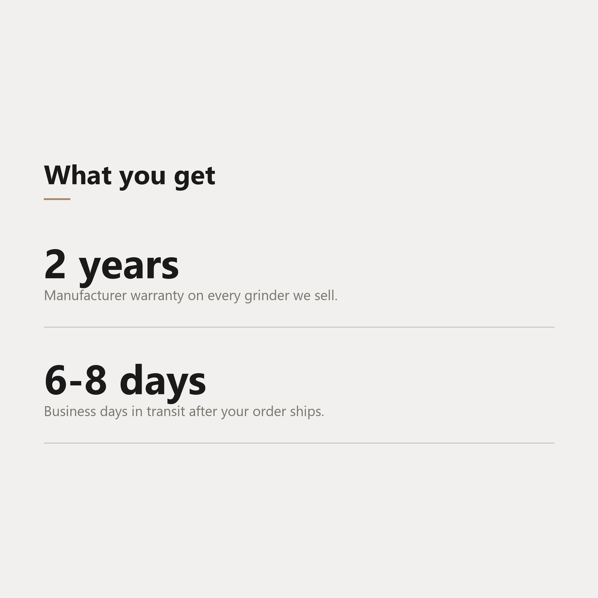 Two-year manufacturer warranty and 6 to 8 business days in transit