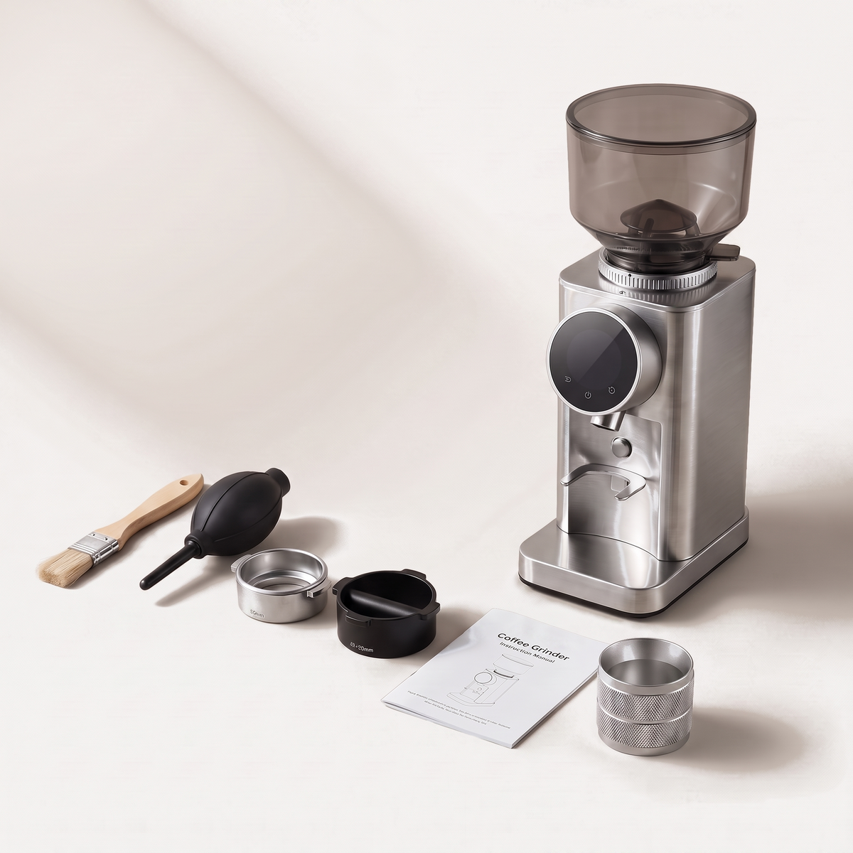 BioloMix CG210 grinder with its brush, blower, dosing cups and manual