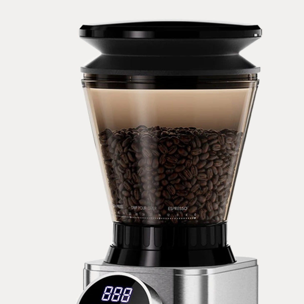 Close-up of the BioloMix CG210 hopper and grind dial
