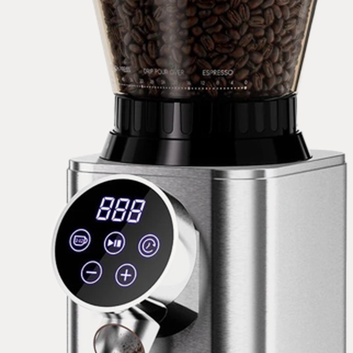 Close-up of the bean hopper and control panel of the BioloMix CG210 grinder