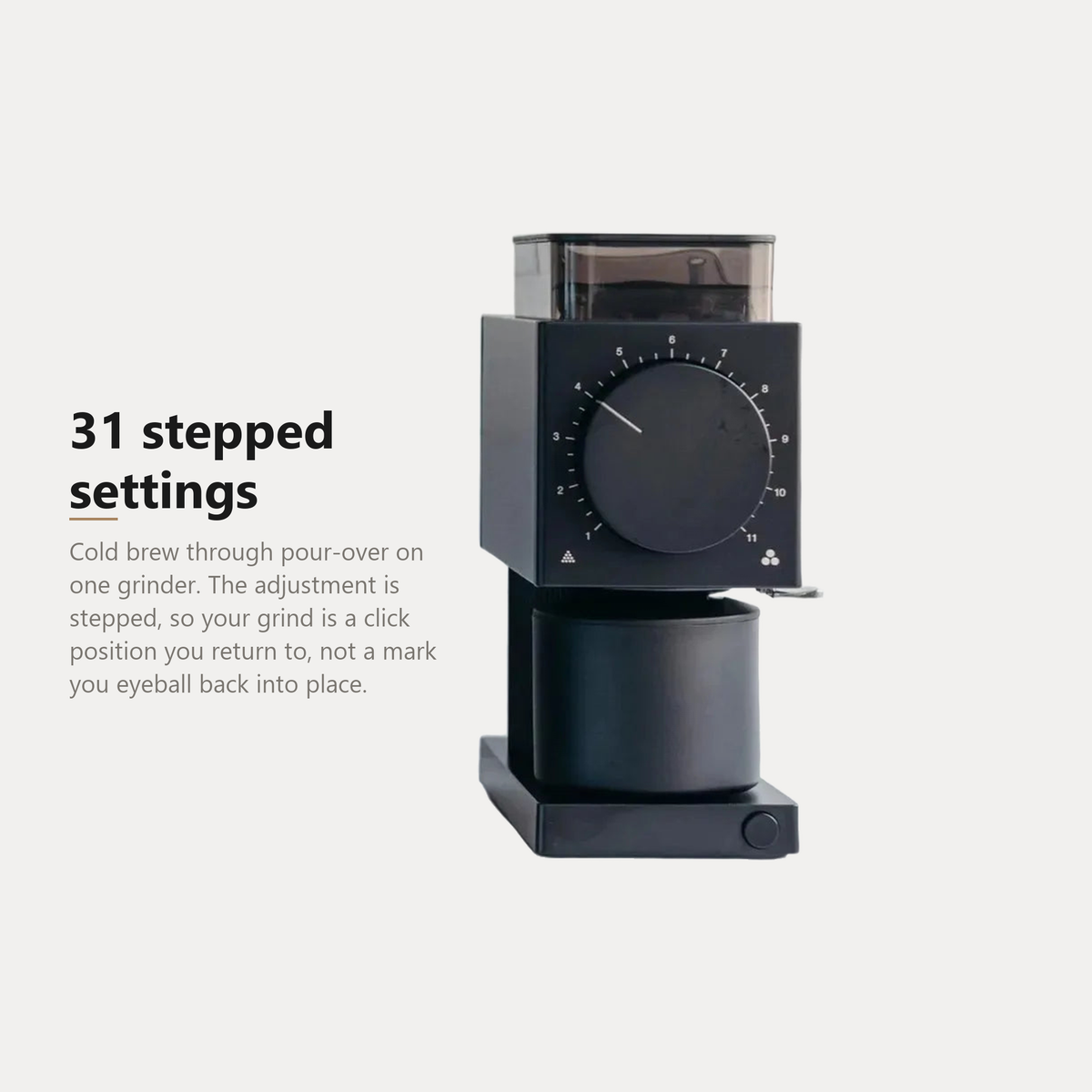 Electric burr coffee grinder, 31 stepped grind settings from cold brew to pour-over