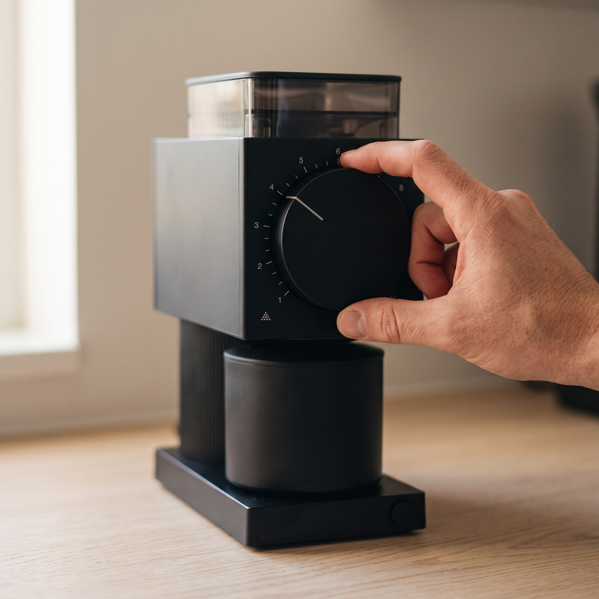 Hand turning the front dial of the electric burr coffee grinder