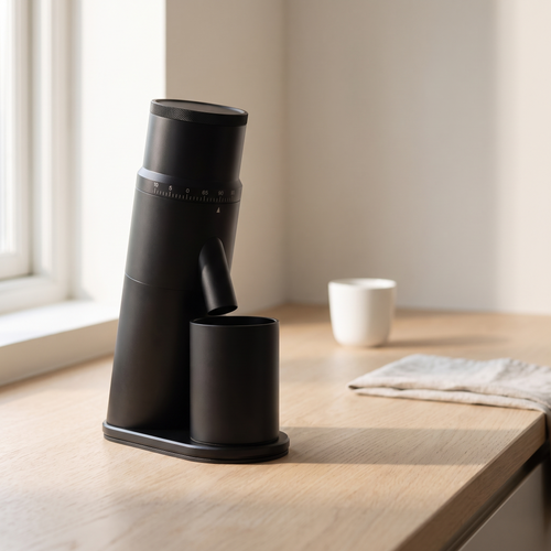 CAFOVO G1048C coffee grinder on an oak kitchen counter in morning light