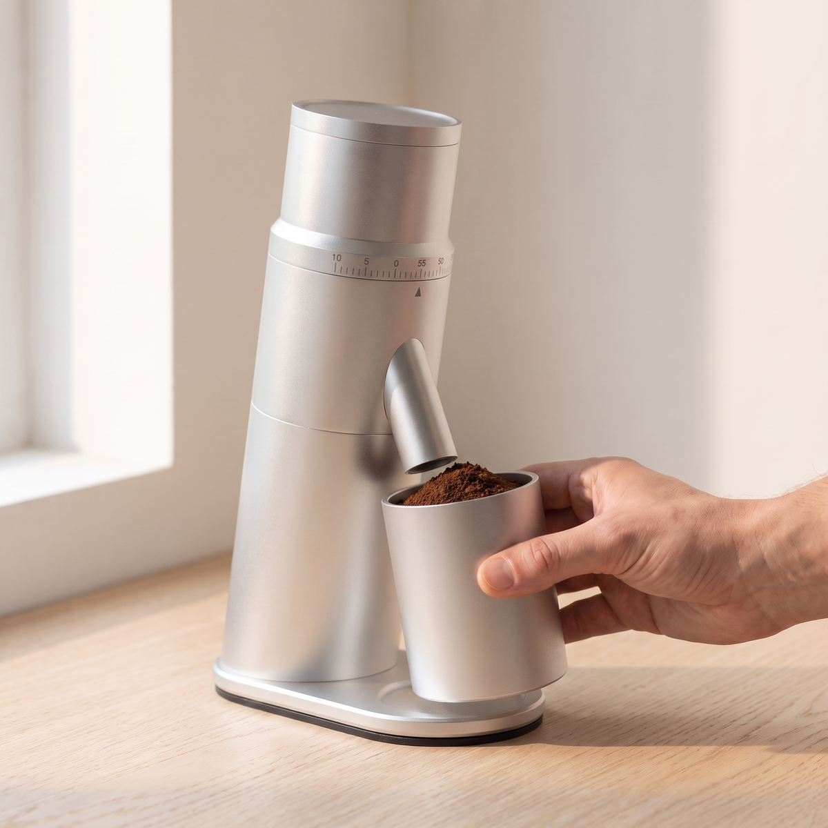 Hand placing the dosing cup under a silver CAFOVO G1048C single dose grinder