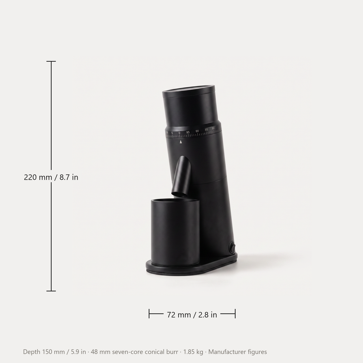 CAFOVO G1048C coffee grinder dimensions, 220 mm high by 72 mm wide