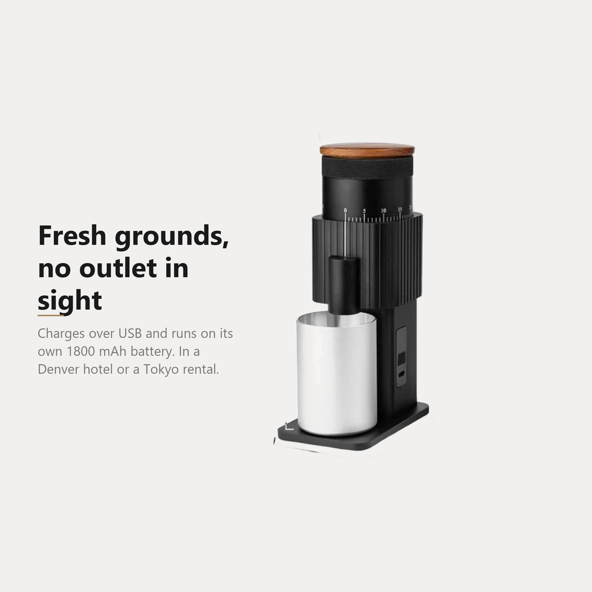 CF Wisdom portable coffee grinder, 1800 mAh battery, charges over USB