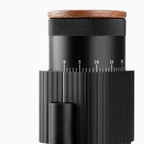Close-up of the walnut lid and graduated ring of the black CF Wisdom grinder