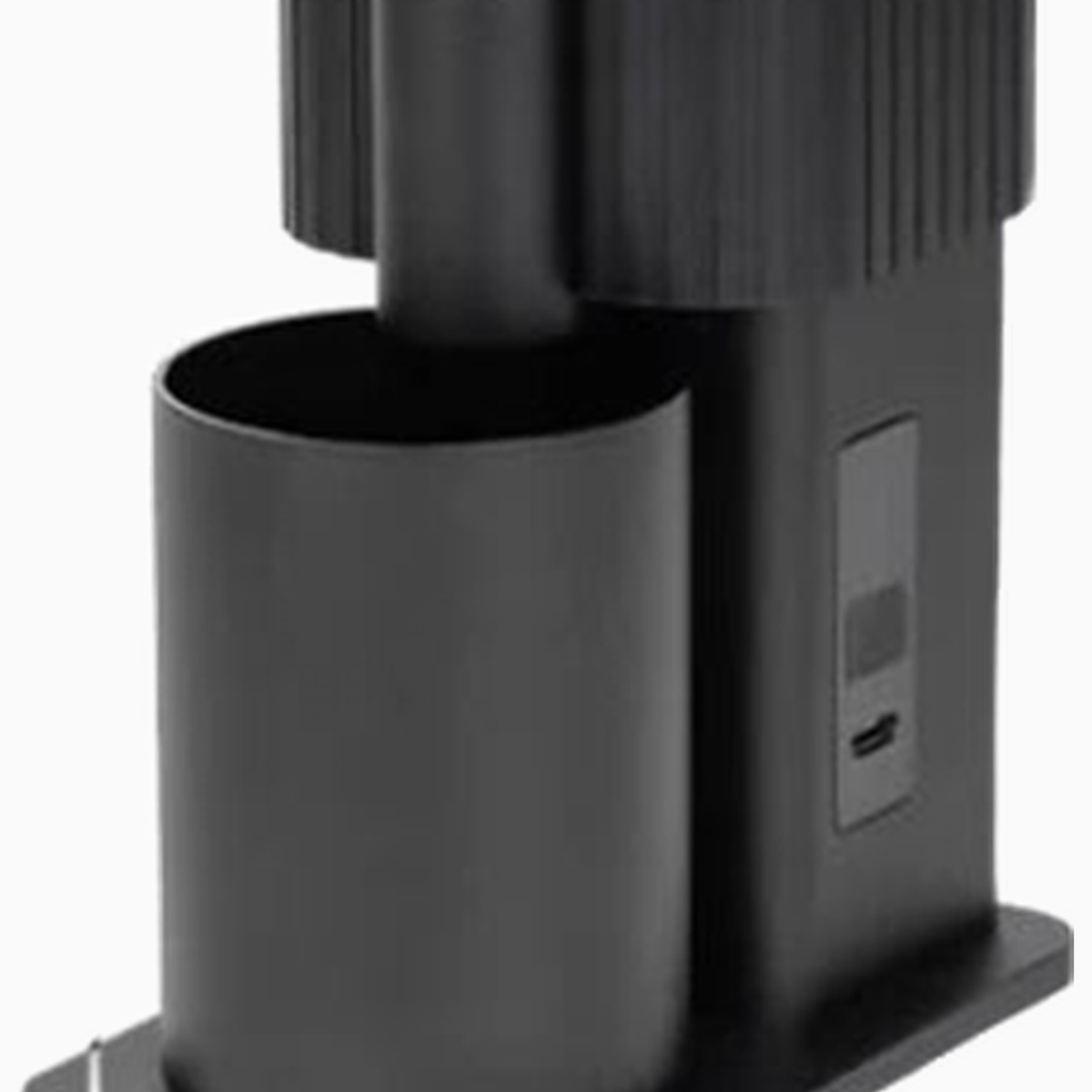 Close-up of the grounds cup and control panel of the all black CF Wisdom grinder