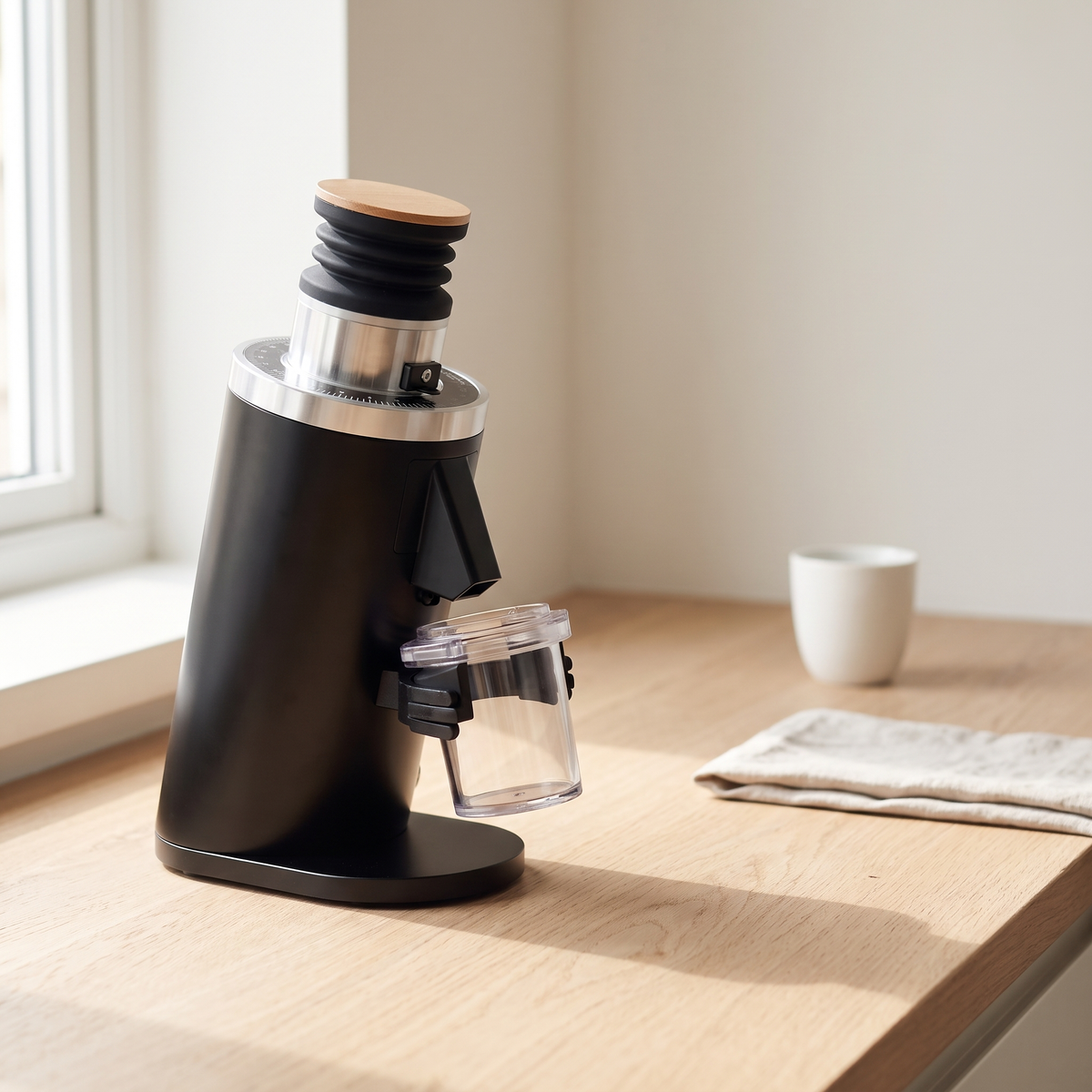DF54 espresso grinder on an oak kitchen counter in morning light