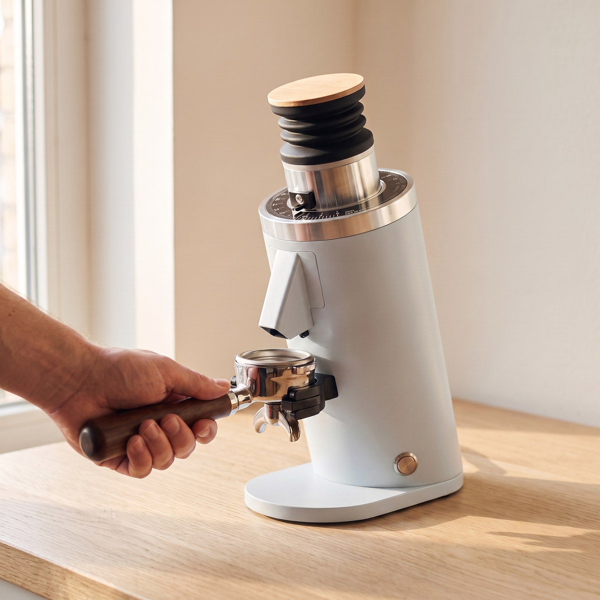 White DF54 espresso grinder with a portafilter held under the chute