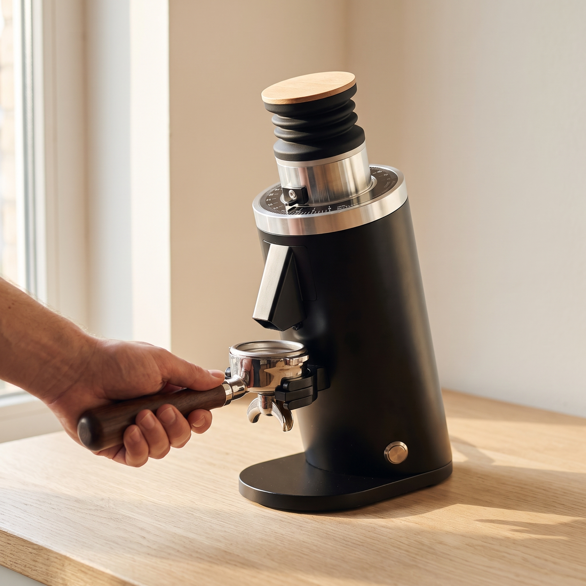 Hand clipping a portafilter into the cradle of the DF54 espresso grinder