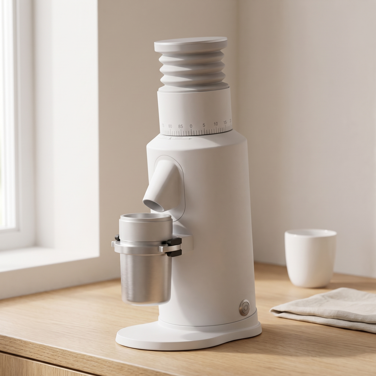 White GZZT GF64 flat burr coffee grinder on a light oak kitchen counter