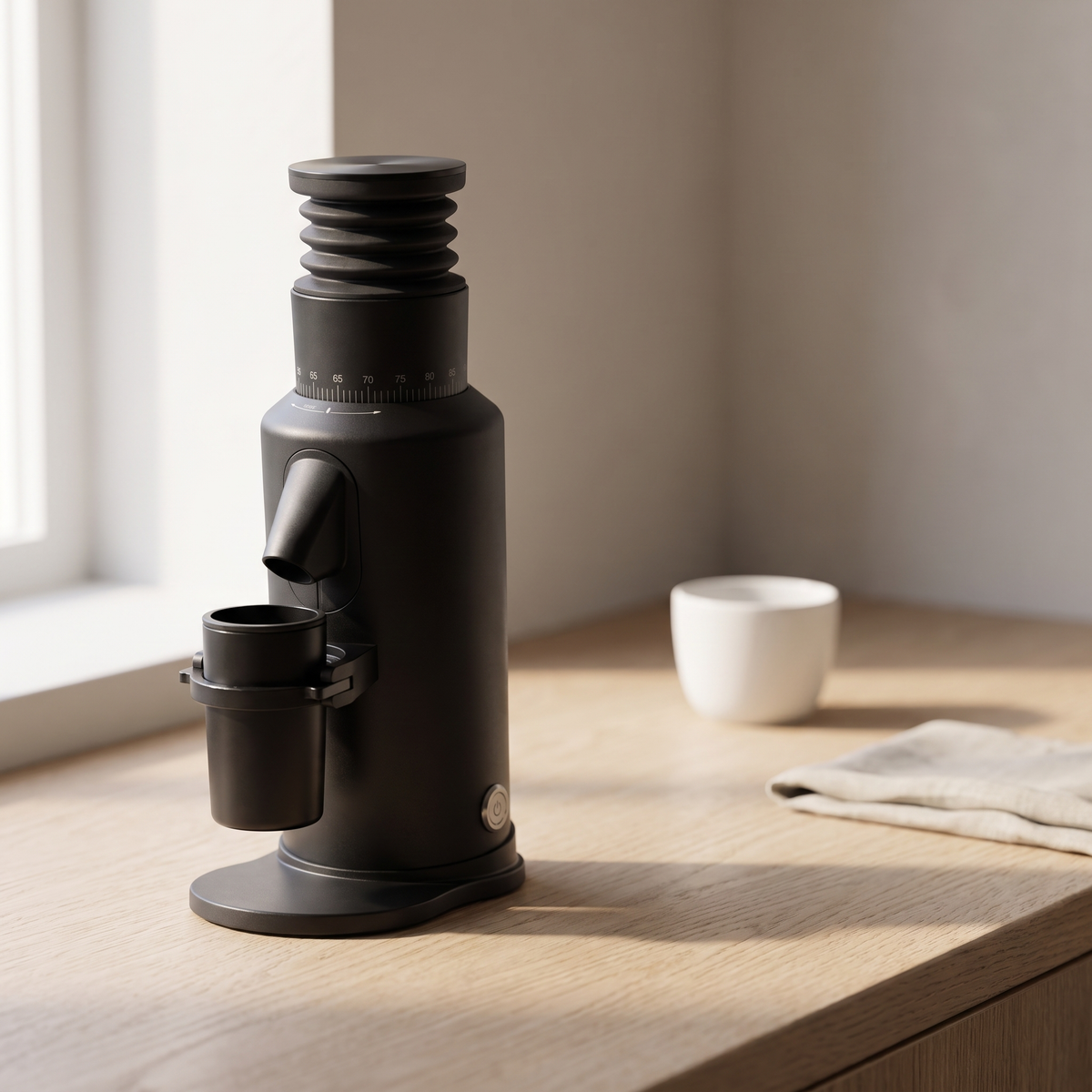 GZZT GF64 espresso grinder on an oak kitchen counter in morning light