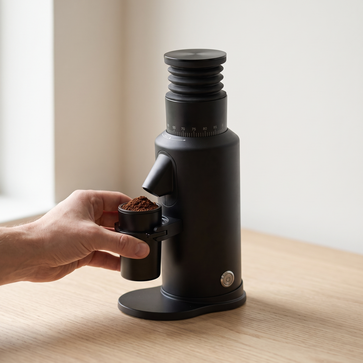 Hand lifting the metal dosing cup with ground coffee from the GZZT GF64