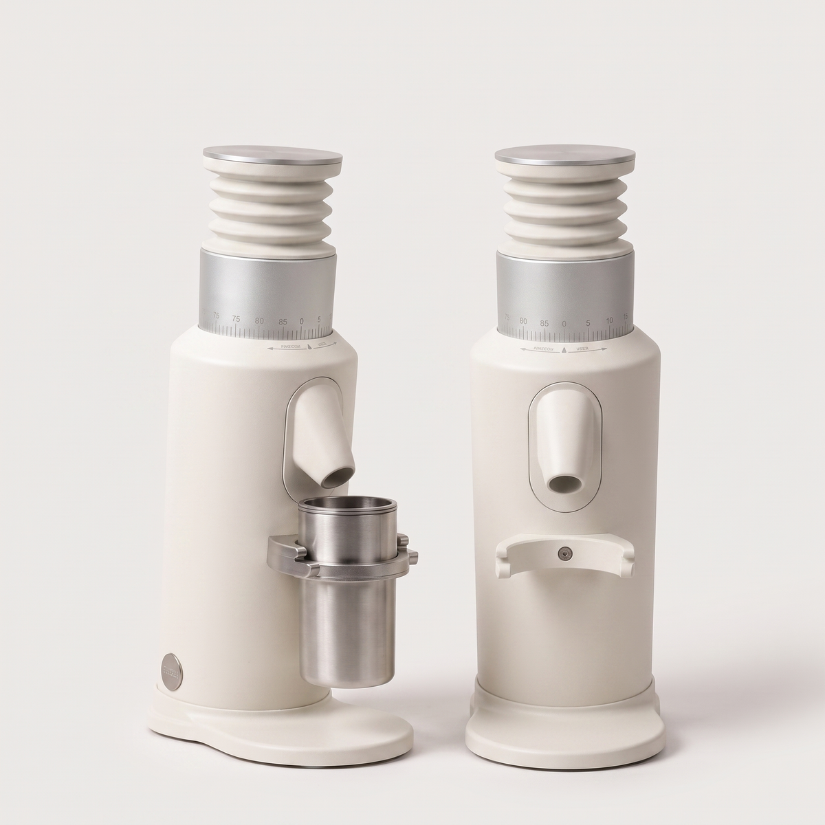 Two white GZZT GF64 espresso grinders side by side, front and rear view