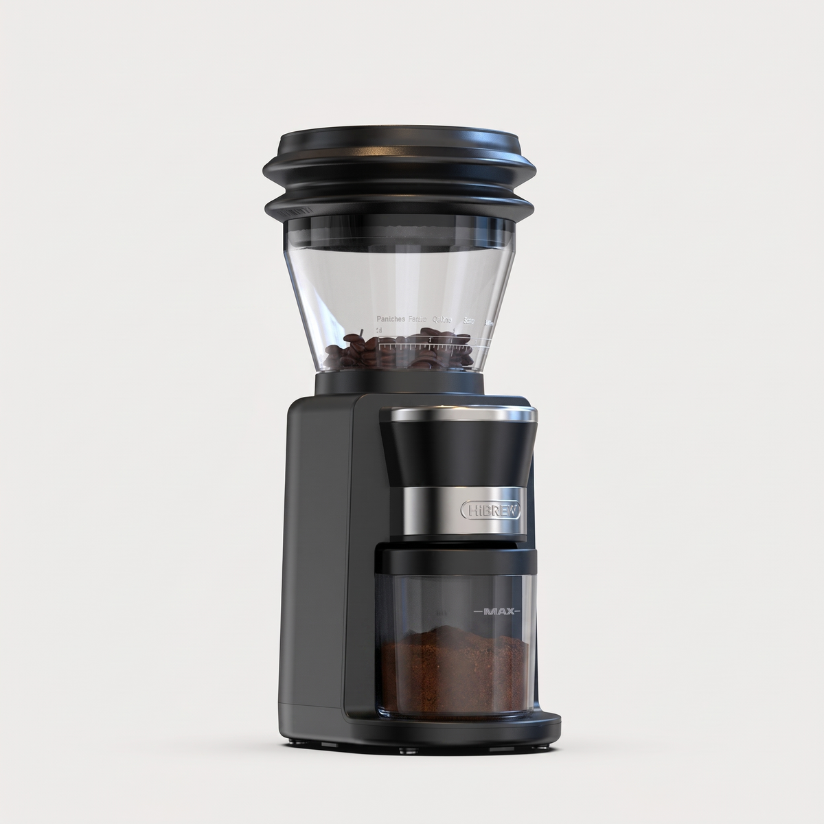 HiBREW G3 electric coffee grinder, showing the bean hopper, the control panel and the grounds container in its cradle