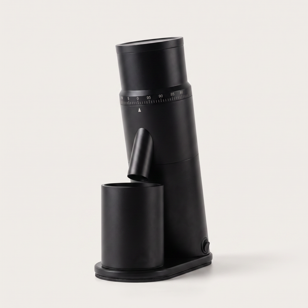CAFOVO G1048C single dose coffee grinder in black, with the magnetic grounds cup seated under the chute