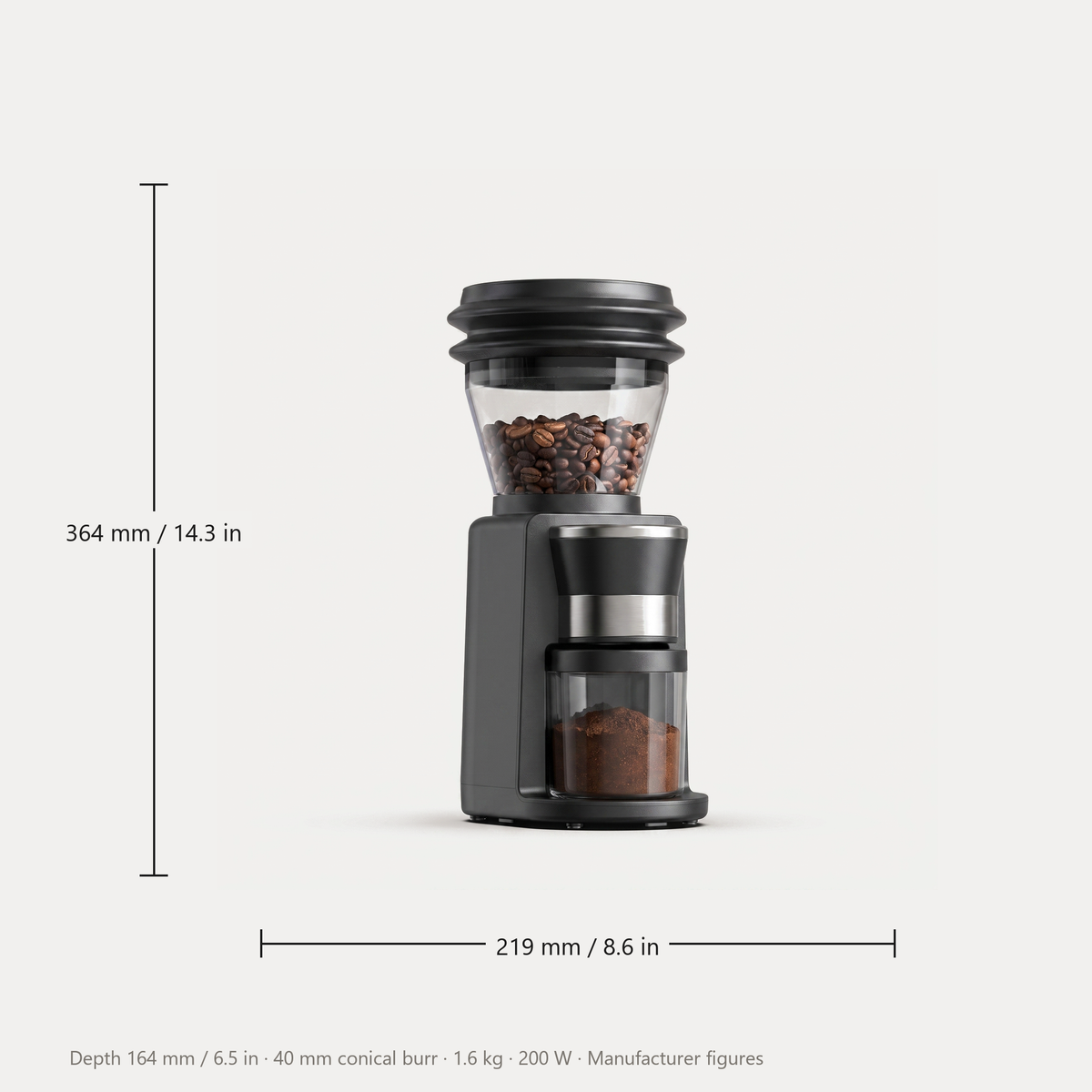 HiBREW G3 coffee grinder dimensions, 364 mm high by 219 mm wide
