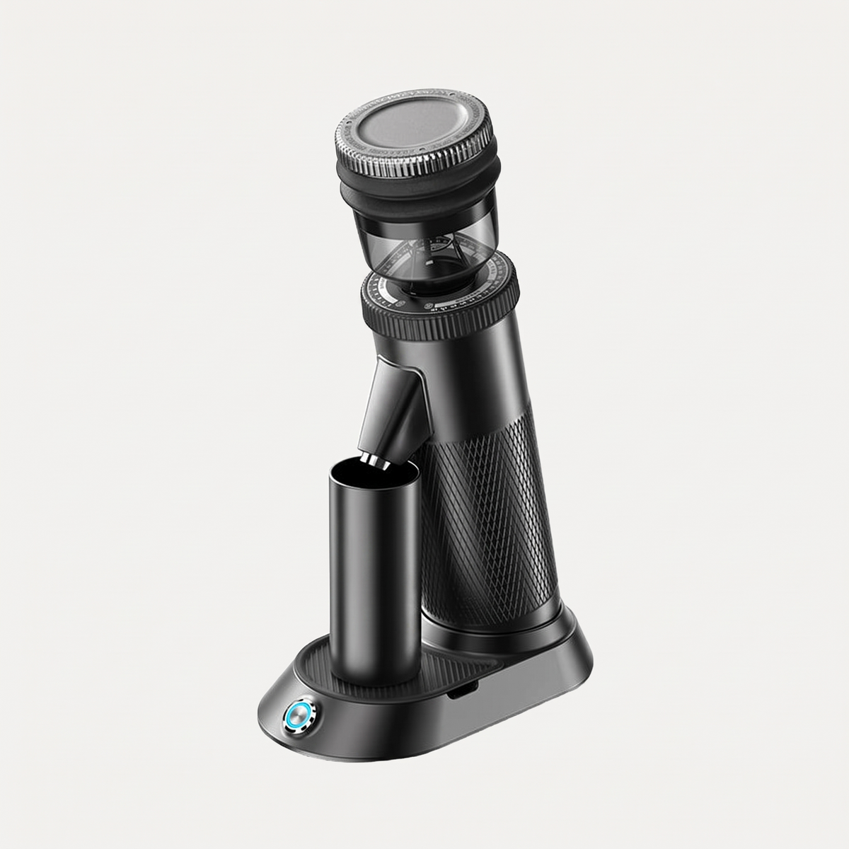 HiBREW G5 electric coffee grinder with its grounds cup