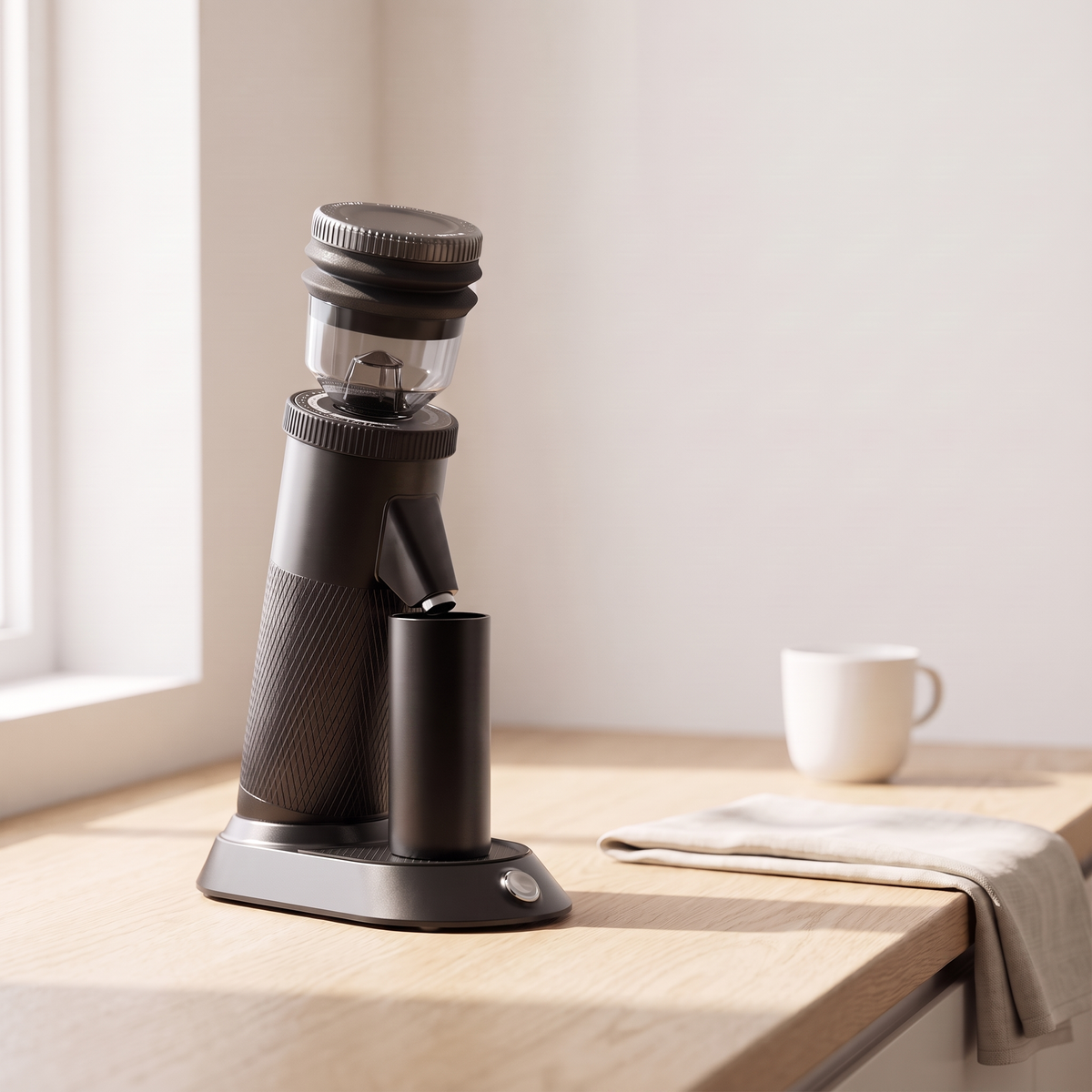 HiBREW G5 coffee grinder on a wooden counter beside a cup