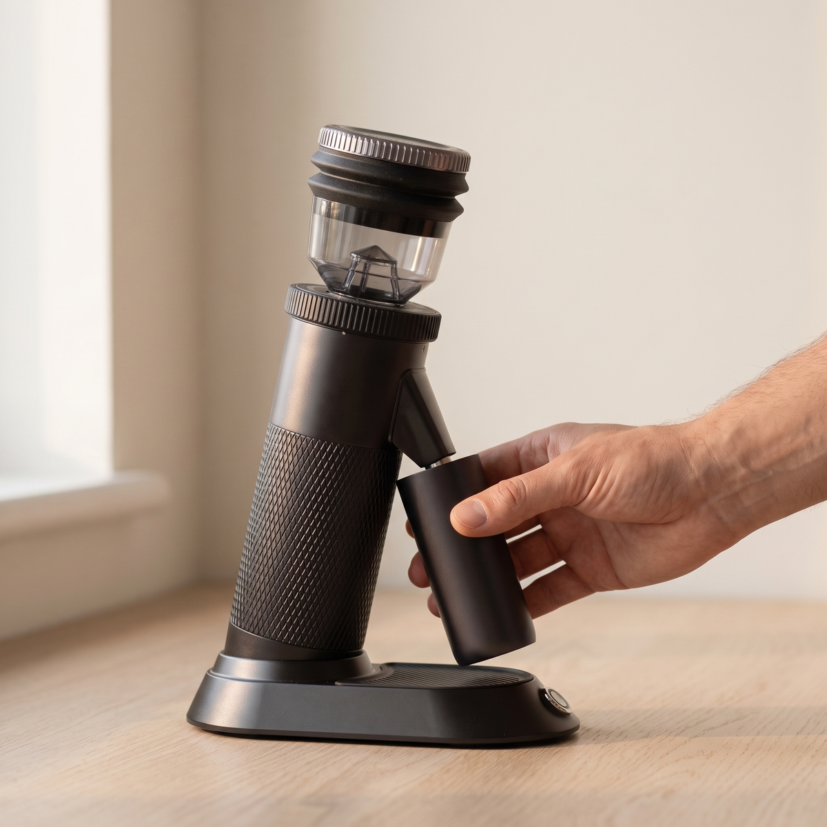 Hand lifting the grounds cup from the cradle of the HiBREW G5 coffee grinder