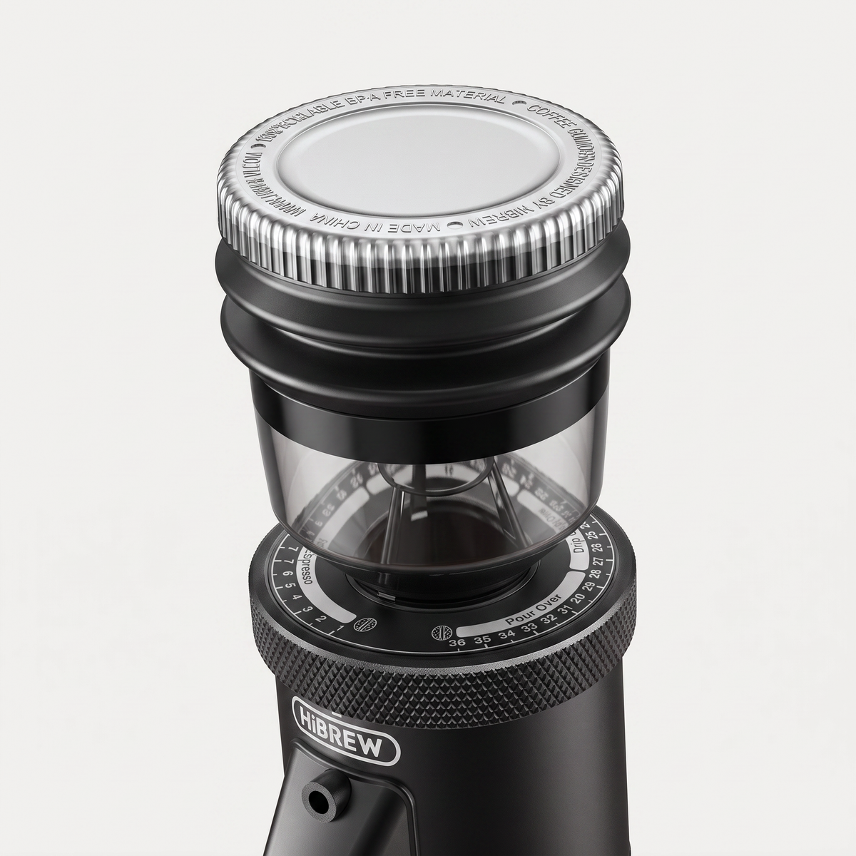 Close-up of the HiBREW G5 bean hopper, lid and graduated adjustment collar