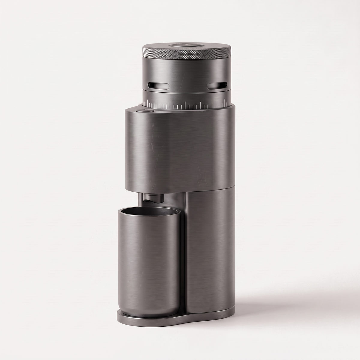 Graphite grey SIMELO Alien portable coffee grinder with its grounds cup