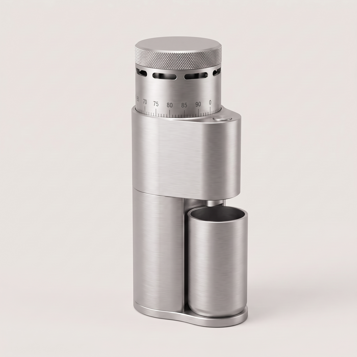 Silver SIMELO Alien portable coffee grinder with its grounds cup