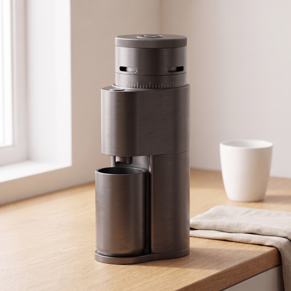 Graphite grey SIMELO Alien portable grinder on a wooden counter beside a cup