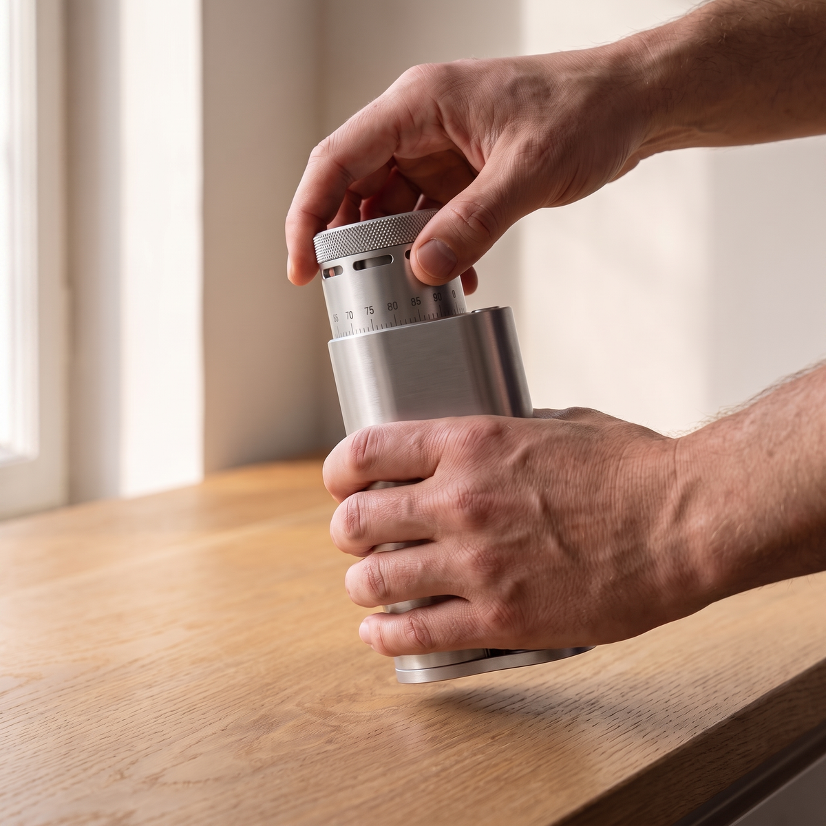 Hands separating the grounds cup from a silver SIMELO Alien grinder