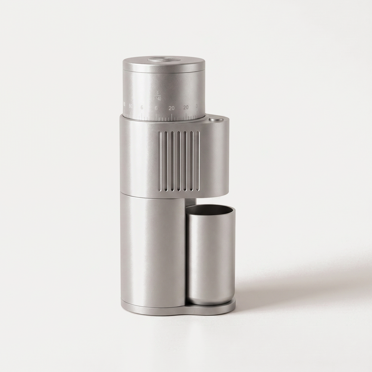 SIMELO Alien portable coffee grinder in silver, front view showing the vent slots