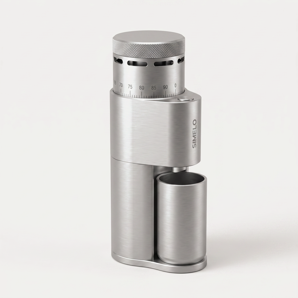 SIMELO Alien portable coffee grinder in silver with its removable grounds cup