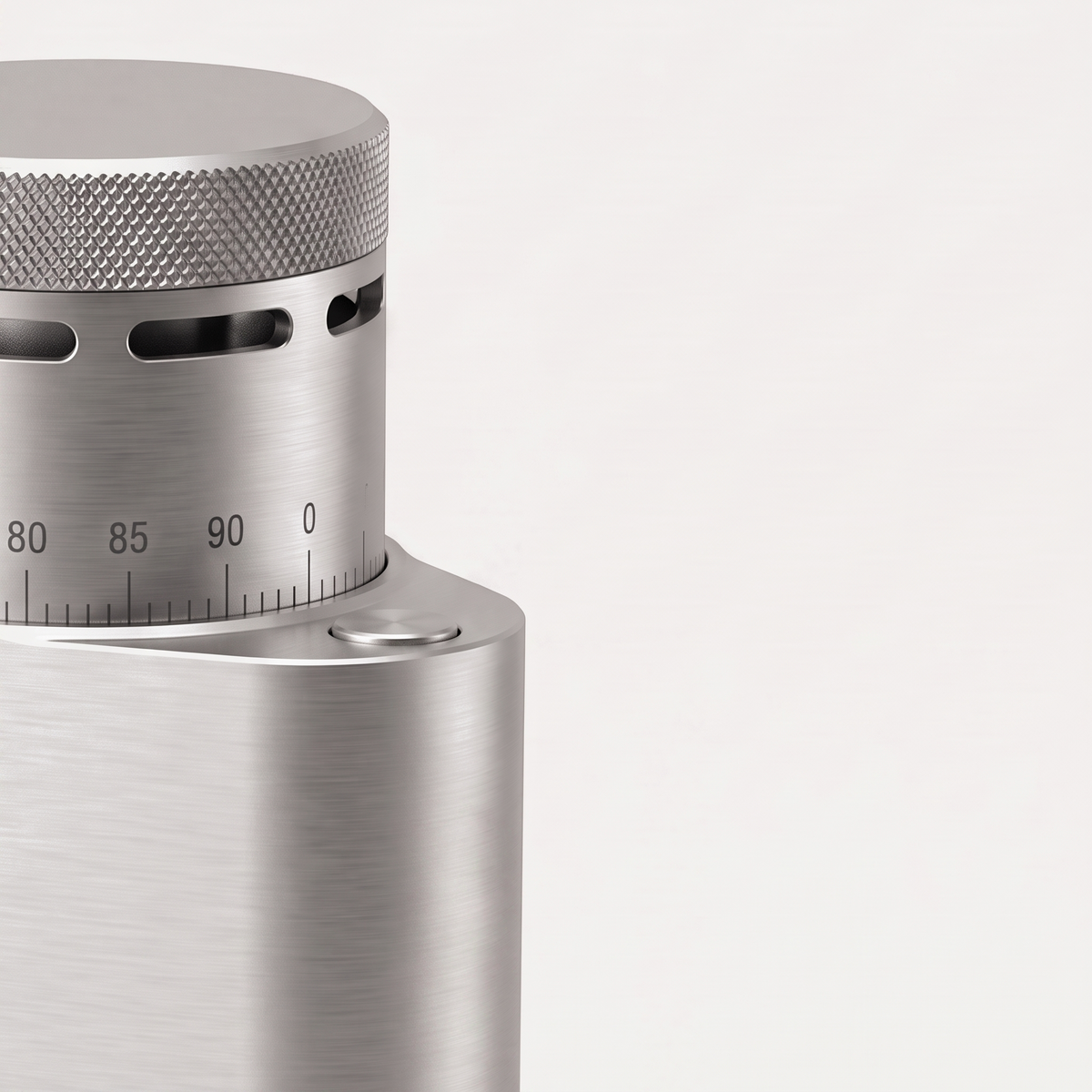 Close-up of the graduated collar of the silver SIMELO Alien grinder
