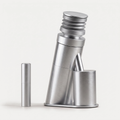 Single dose 48mm burr coffee grinder in brushed aluminium, three-quarter view