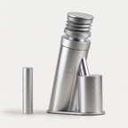 Single dose 48mm burr coffee grinder in brushed aluminium, three-quarter view