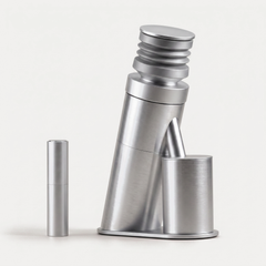 Single dose 48mm burr coffee grinder in brushed aluminium, three-quarter view