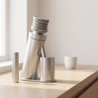 Single dose burr coffee grinder on an oak kitchen counter in morning light