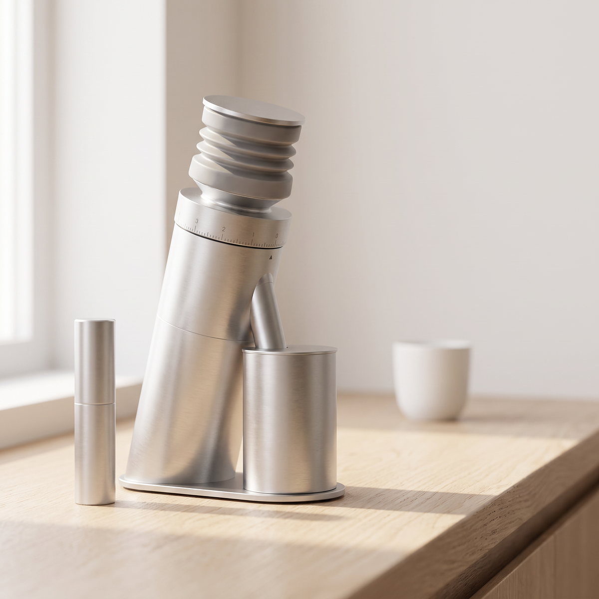 Single dose burr coffee grinder on an oak kitchen counter in morning light