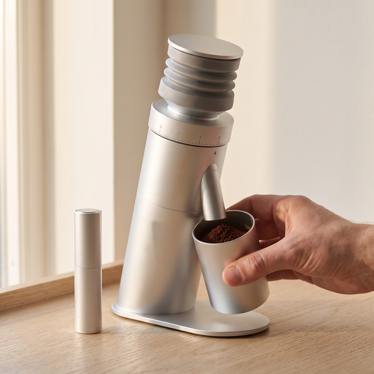 Hand lifting the dosing cup with ground coffee from the single dose grinder