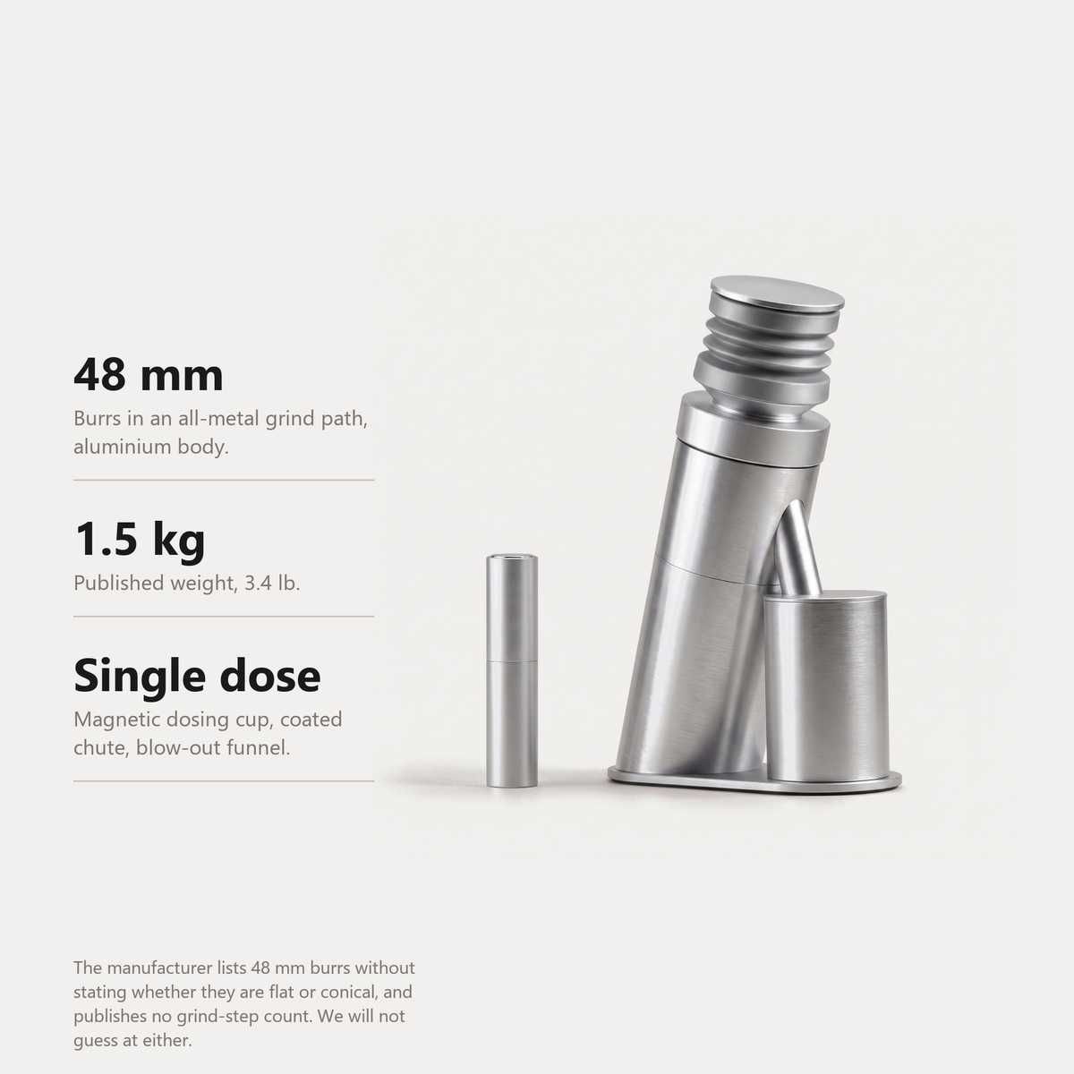 Single dose burr coffee grinder specifications, 48 mm burrs, 1.5 kg