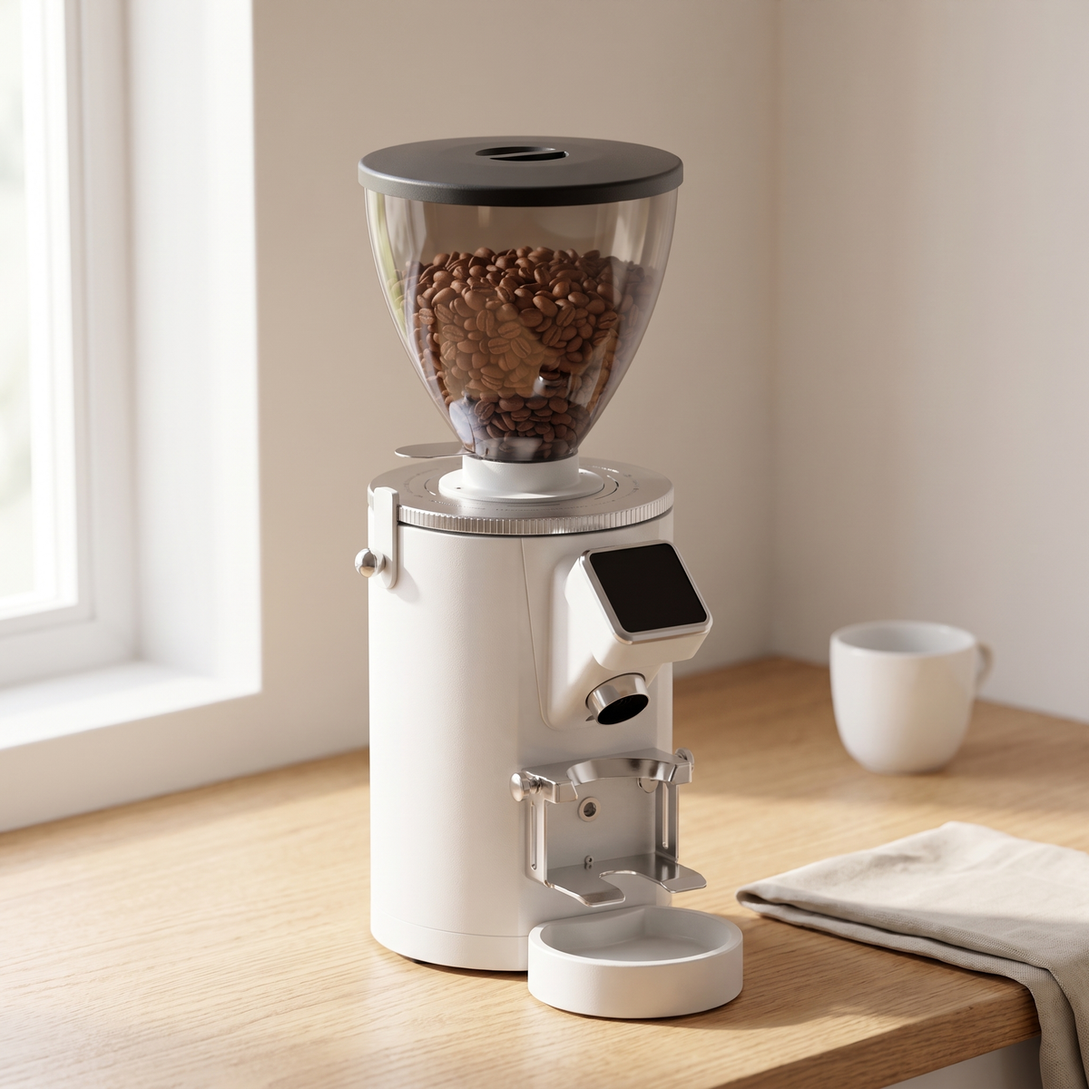 White SUBARASI IT-CG17 flat burr espresso grinder on a light oak kitchen counter