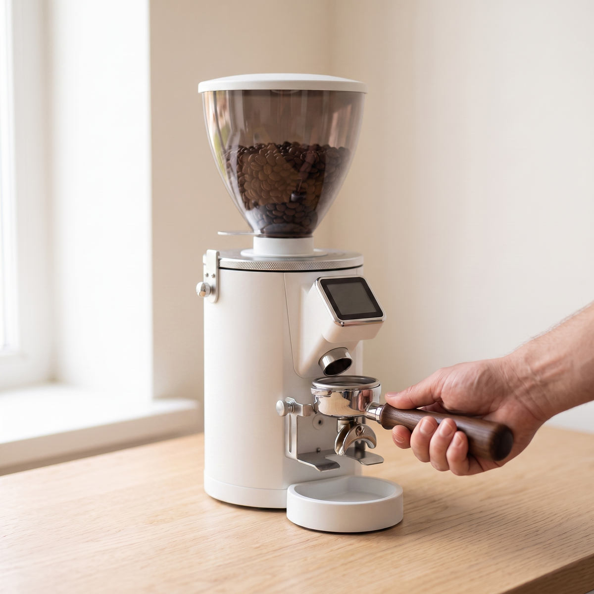 White SUBARASI IT-CG17 espresso grinder with a portafilter held in the fork