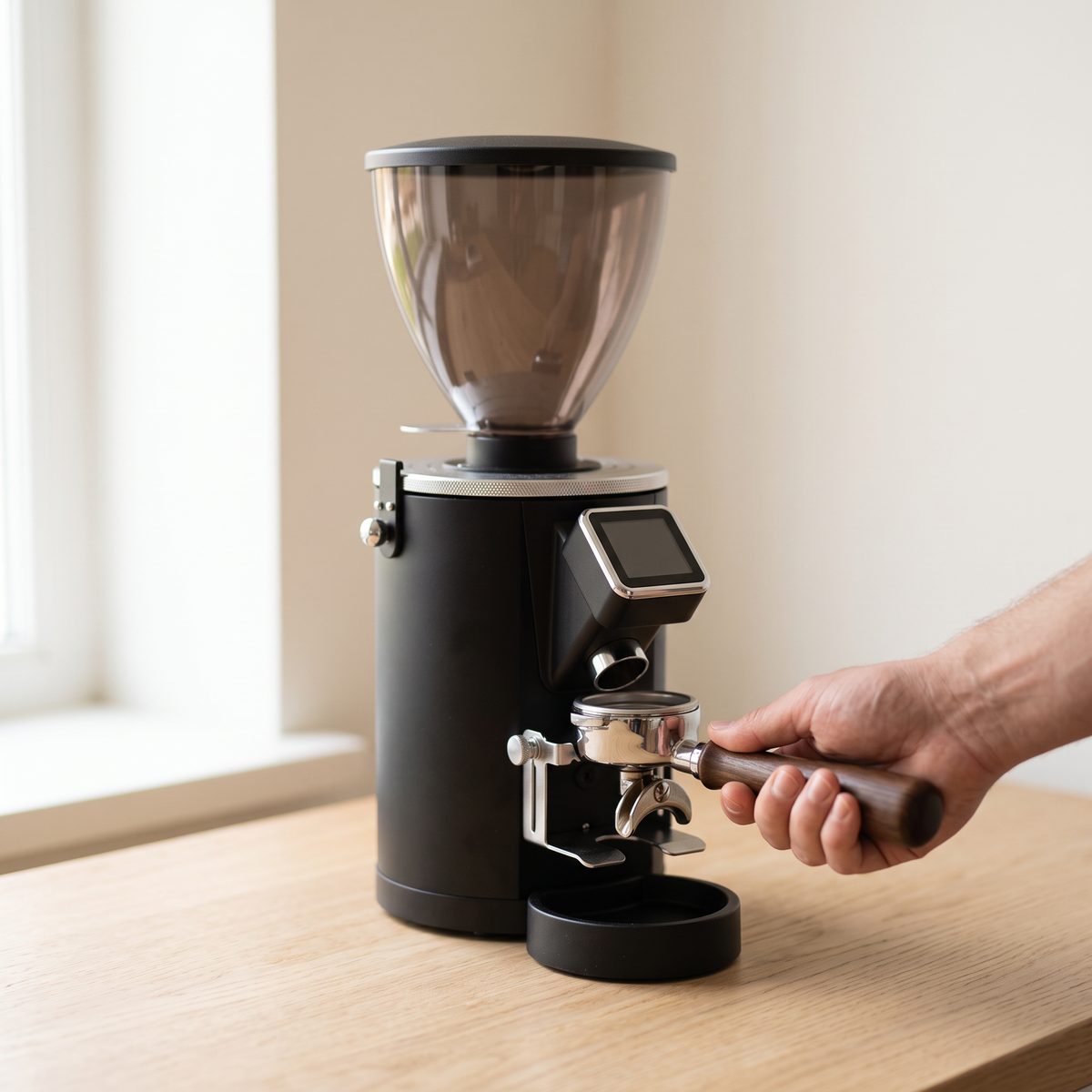 Hand clipping a portafilter into the chromed fork of the SUBARASI IT-CG17
