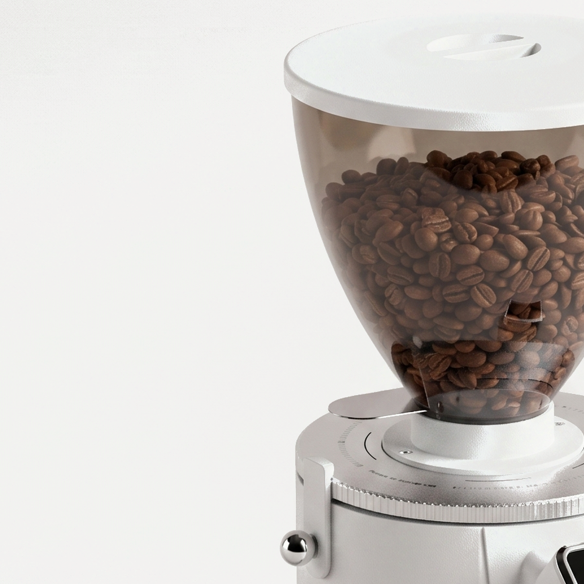 Close-up of the hopper filled with beans on the white SUBARASI IT-CG17 grinder