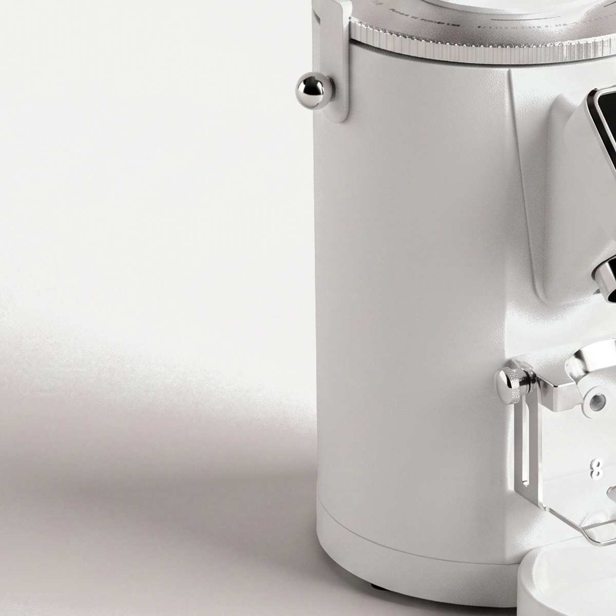 Close-up of the chute and portafilter fork of the white SUBARASI IT-CG17 grinder