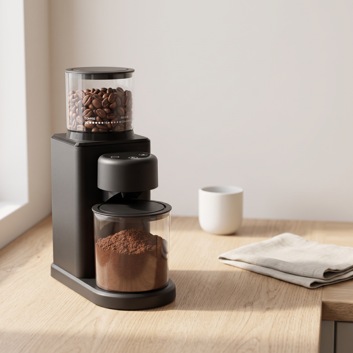 Wancle CBG-9001 coffee grinder on an oak kitchen counter in morning light